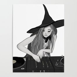 Inktober DJ Witch Poster | Retrovibes, Witcheshat, Dj, Music, Olive, Flowereddress, Diva, Female, Halloween, Witch 