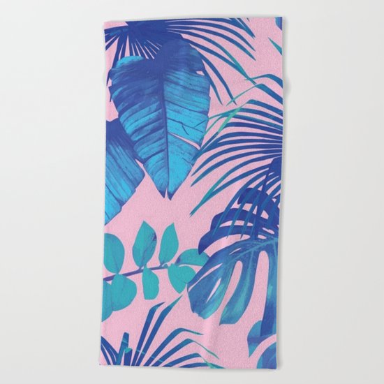tropical leaf pattern pink Beach Towel