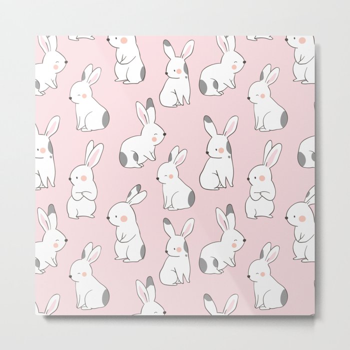 Cute Bunny Rabbits - Pink Metal Print