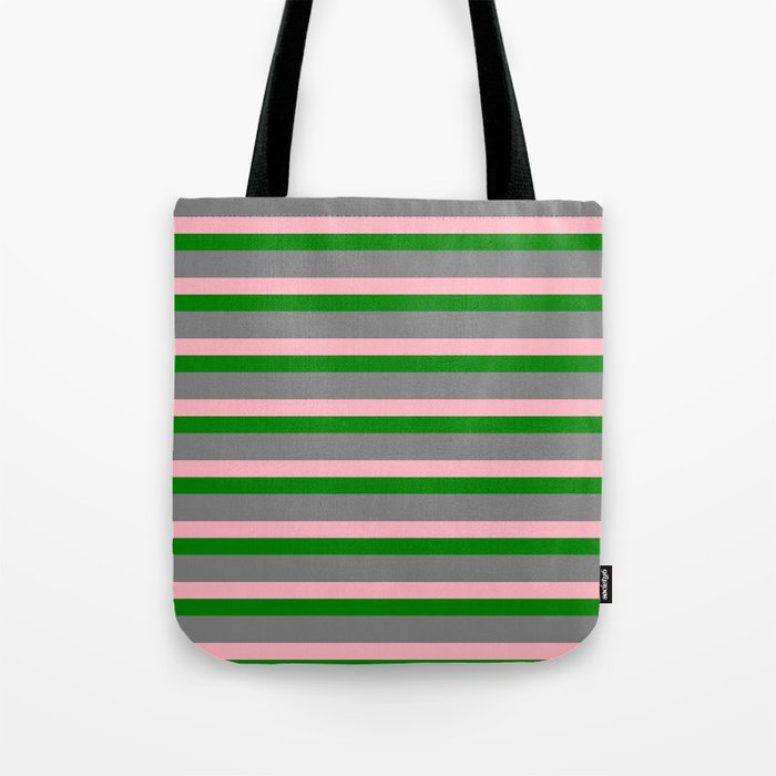 Gray, Light Pink & Green Colored Lines/Stripes Pattern Tote Bag