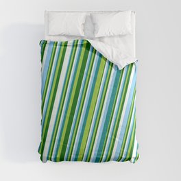 [ Thumbnail: Light Sky Blue, Teal, Green, Dark Green, and Mint Cream Colored Striped Pattern Comforter ]