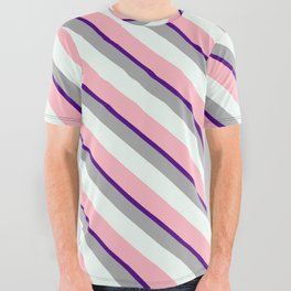 [ Thumbnail: Indigo, Dark Grey, Mint Cream, and Light Pink Colored Lines Pattern All Over Graphic Tee ]