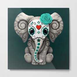 Teal Blue Day of the Dead Sugar Skull Baby Elephant Metal Print