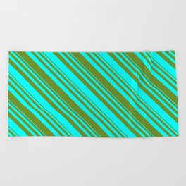 [ Thumbnail: Aqua & Green Colored Lined Pattern Beach Towel ]
