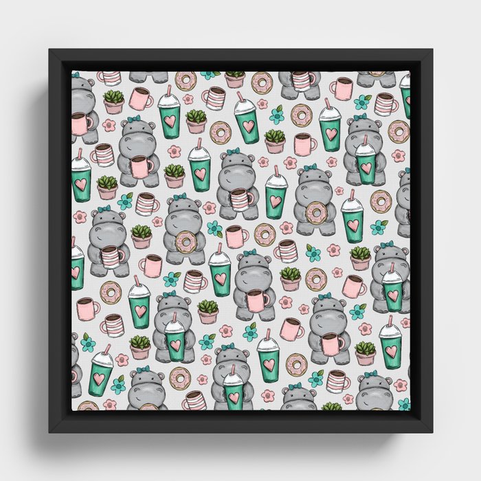 Hippo Friends, Little Hippo, Grey and Pink, Pink and Green, Donuts and Coffee, Cute Hippopotamus Framed Canvas