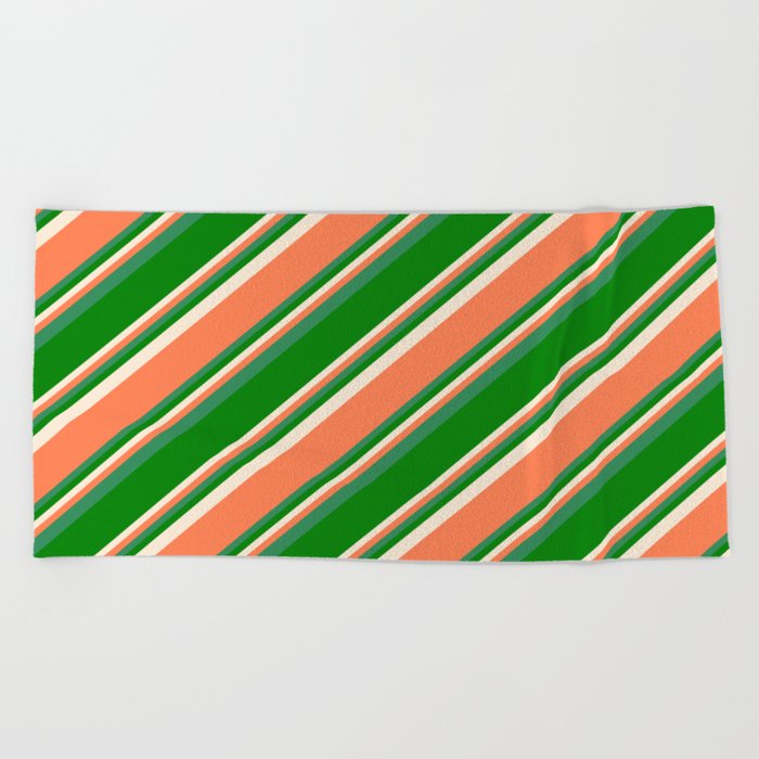 Beige, Coral, Sea Green, and Green Colored Pattern of Stripes Beach Towel
