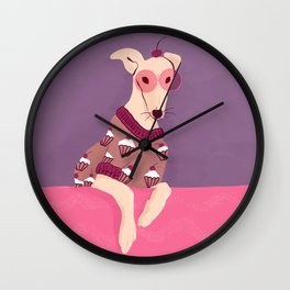 Cherry on Top - Greyhound Wearing a Cupcake Patterned Sweater Wall Clock