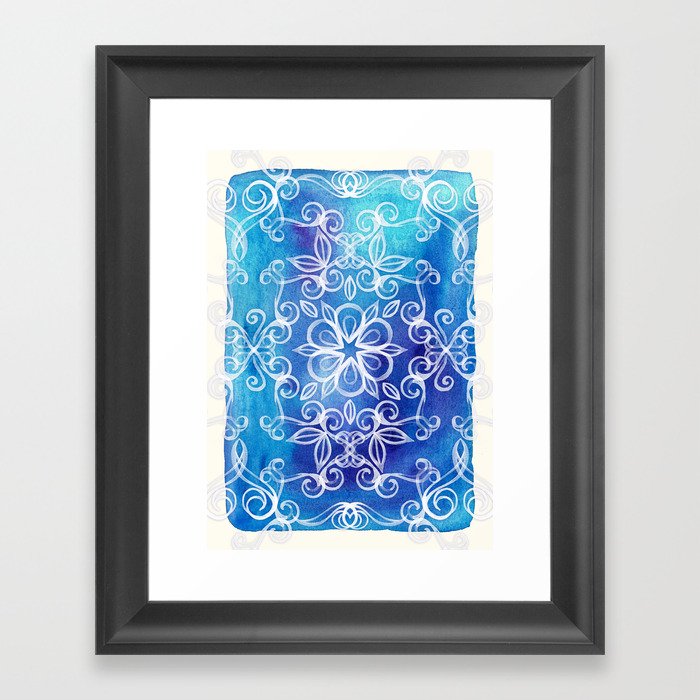 White Floral Painted Pattern on Blue Watercolor Framed Art Print