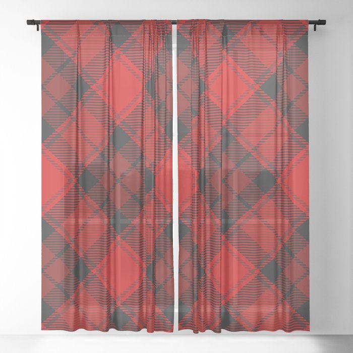 Red Tartan with Diagonal Dark Red and Black Stripes Sheer Curtain