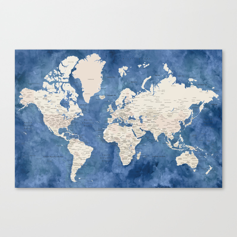 Detailed World Map Canvas Light Brown And Blue Watercolor Detailed World Map Canvas Print By  Blursbyaishop | Society6