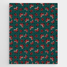 Seamless pattern with the image of flying and crawling ladybugs on a green background for printing on fabric and other surfaces Jigsaw Puzzle