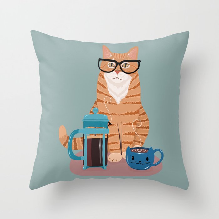 Ginger Nerd Cat and Coffee Throw Pillow