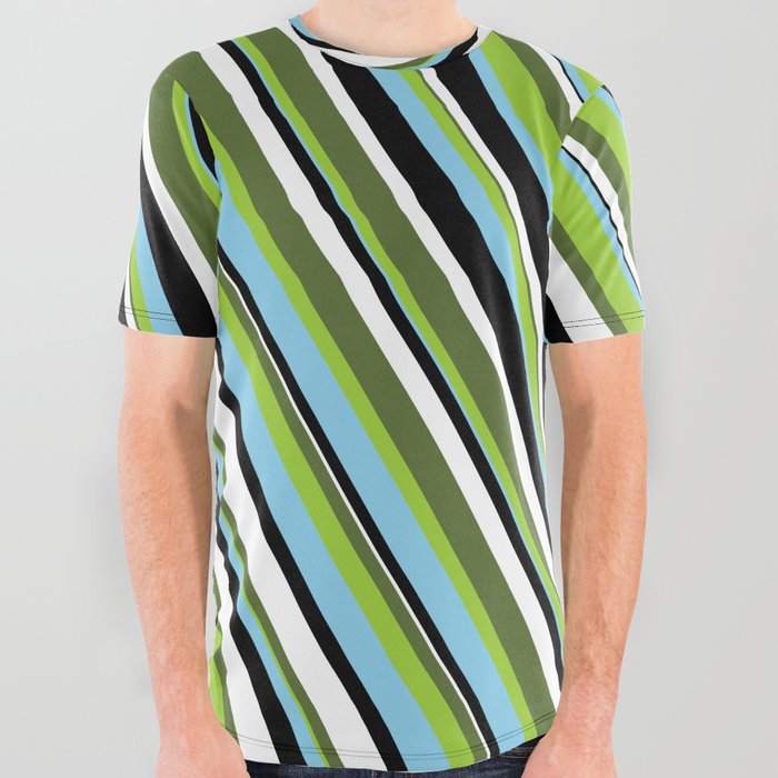 Eye-catching Dark Olive Green, Green, Sky Blue, Black & White Colored Stripes/Lines Pattern All Over Graphic Tee