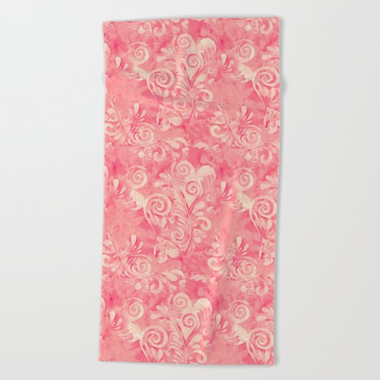 Cute watercolor pink hearts pattern Beach Towel