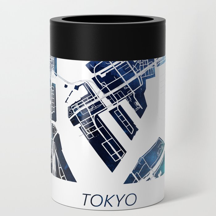 Tokyo Japan Map Navy Blue Turquoise Watercolor Can Cooler