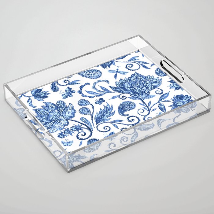 Elegant Oriental Pastel Paisley Blue & White Floral Acrylic Tray
