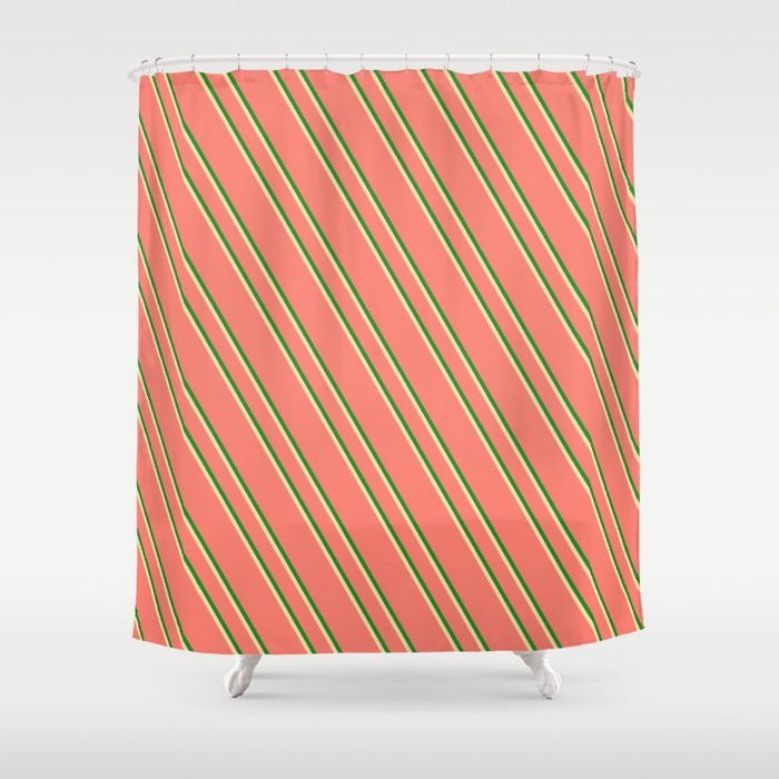 Salmon, Forest Green & Tan Colored Stripes Pattern Shower Curtain