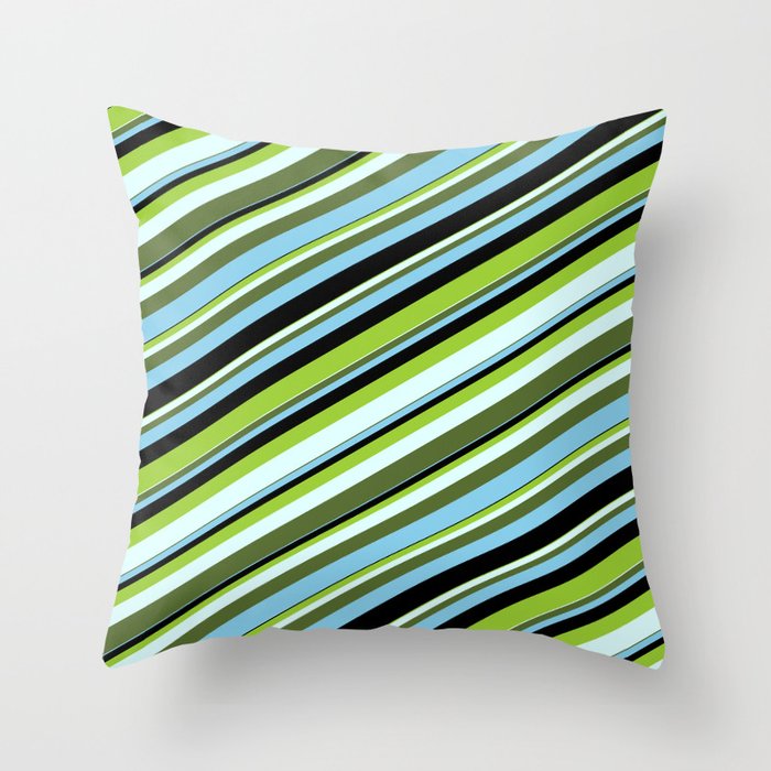 Colorful Green, Light Cyan, Dark Olive Green, Sky Blue & Black Colored Lines/Stripes Pattern Throw Pillow