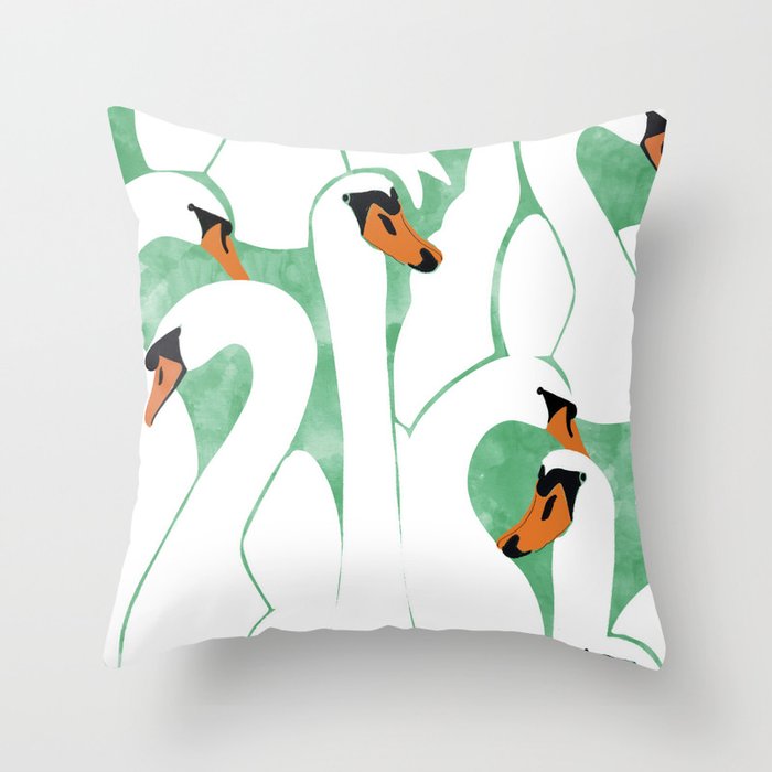 Swans, Colorful Wildlife Birds Painting, Jungle Pond Forest Animals Wild Illustration Throw Pillow