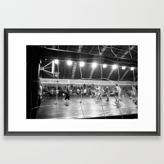 Black and White Photo of a handball game from behind the net Framed Art Print