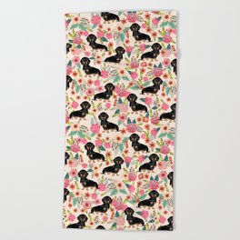 Doxie Florals - vintage doxie and florals gifts for dog lovers, dachshund decor, black and tan doxie Beach Towel