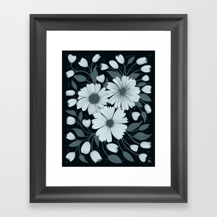 Spring Botanicals in black, white, and grey Framed Art Print