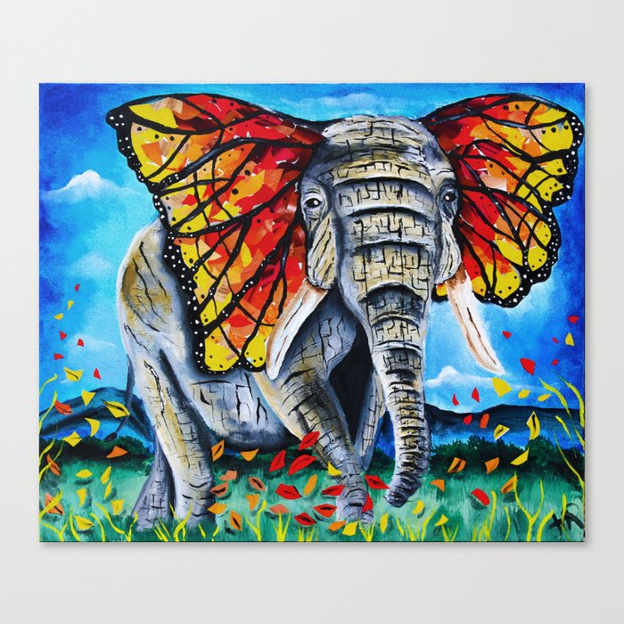elephant painting, butterfly, monarch, fall leaves, elephant artwork, wall art, autumn Canvas Print