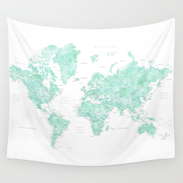 Light mint watercolor world map, detailed, 