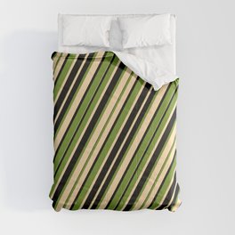 [ Thumbnail: Green, Tan & Black Colored Stripes/Lines Pattern Comforter ]