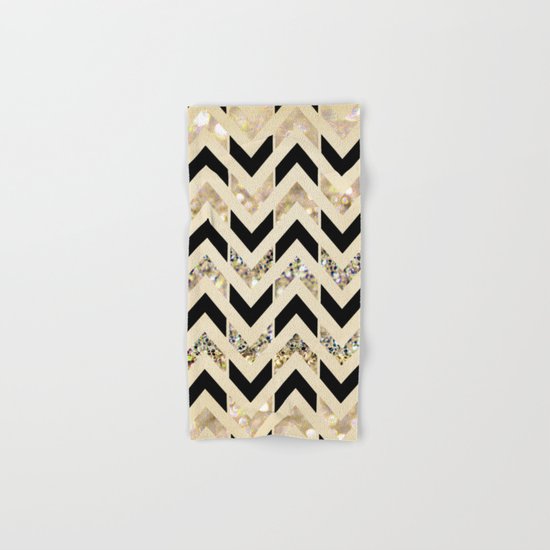 Black & Gold Glitter Herringbone Chevron on Nude Cream Hand & Bath Towel