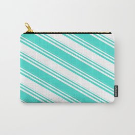 [ Thumbnail: White and Turquoise Colored Lined/Striped Pattern Carry-All Pouch ]