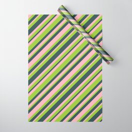 [ Thumbnail: Light Pink, Green & Dark Slate Gray Colored Striped/Lined Pattern Wrapping Paper ]