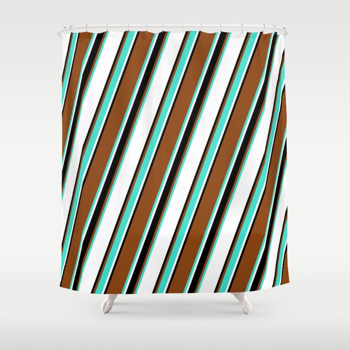 Brown, Turquoise, White, and Black Colored Lines/Stripes Pattern Shower Curtain