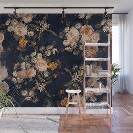 Antique Botanical Peach Roses And Chamomile Midnight Garden Wall Mural