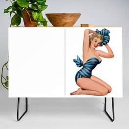 Blonde Pin Up With Black And Blue Dress And Barefoot Shoes Credenza