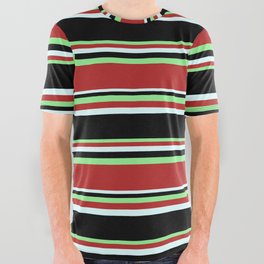[ Thumbnail: Light Green, Red, Light Cyan, and Black Colored Striped/Lined Pattern All Over Graphic Tee ]