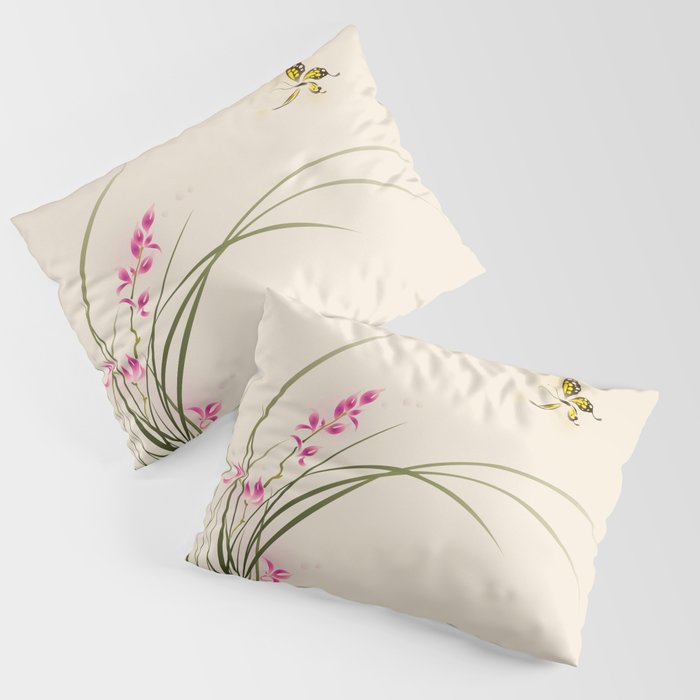 Oriental style painting - orchid flowers and butterfly 004 Pillow Sham