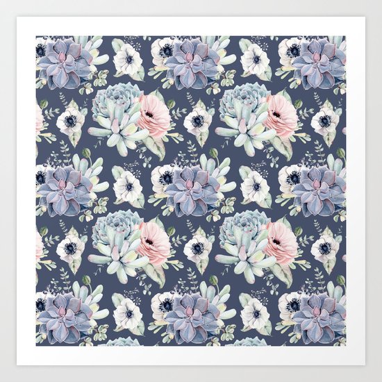 Beautiful Succulent Garden Navy Blue + Pink Art Print