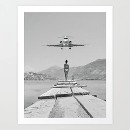 Steady As She Goes; aircraft coming in for an island landing black and white photography- photographs Art Print