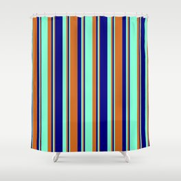 [ Thumbnail: Chocolate, Aquamarine & Blue Colored Stripes Pattern Shower Curtain ]