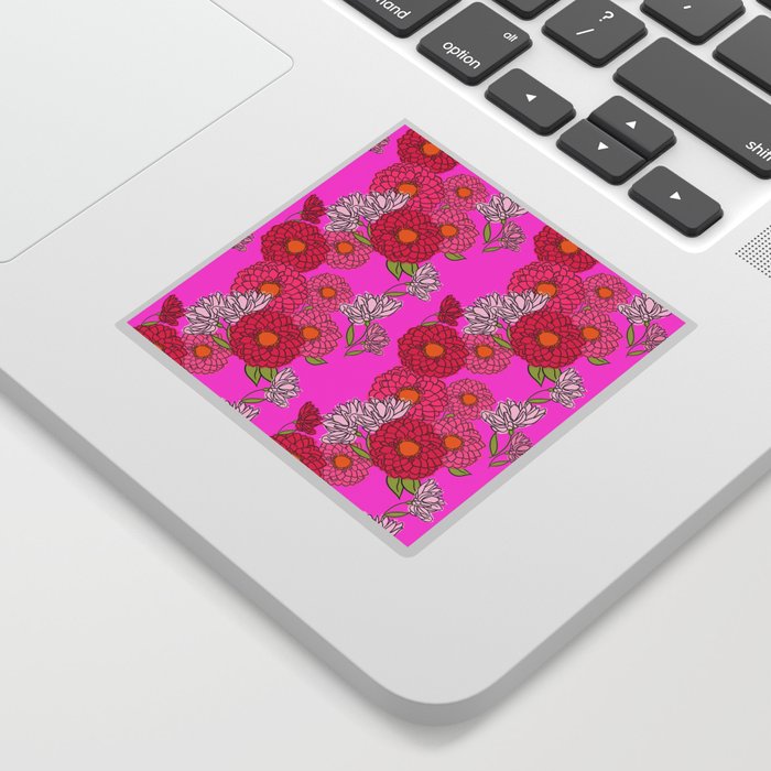 Retro Mums Floral Midcentury Modern Wallpaper Neon Pink Sticker