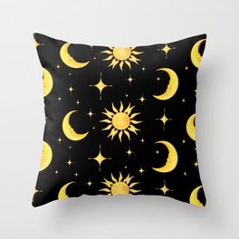 Sun,half moon,stars,cosmic art,celestial,black background  Throw Pillow