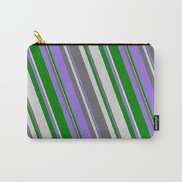 [ Thumbnail: Dim Gray, Purple, Green & Light Grey Colored Lined Pattern Carry-All Pouch ]