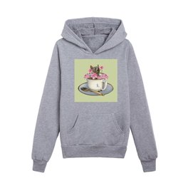 Grey Kitty Cat in Cup with Lotus Flower Kids Pullover Hoodies