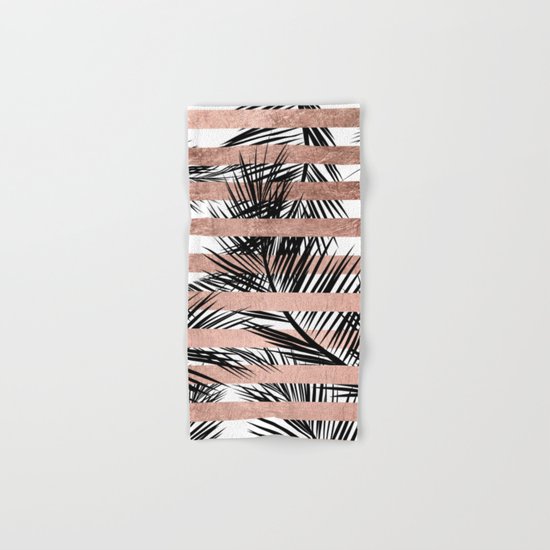 Trendy tropical palm trees chic rose gold stripes Hand & Bath Towel