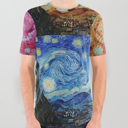 The Starry Night - La Nuit étoilée oil-on-canvas post-impressionist landscape masterpiece painting in alternate four-color collage gold, pink, blue, and green by Vincent van Gogh All Over Graphic Tee