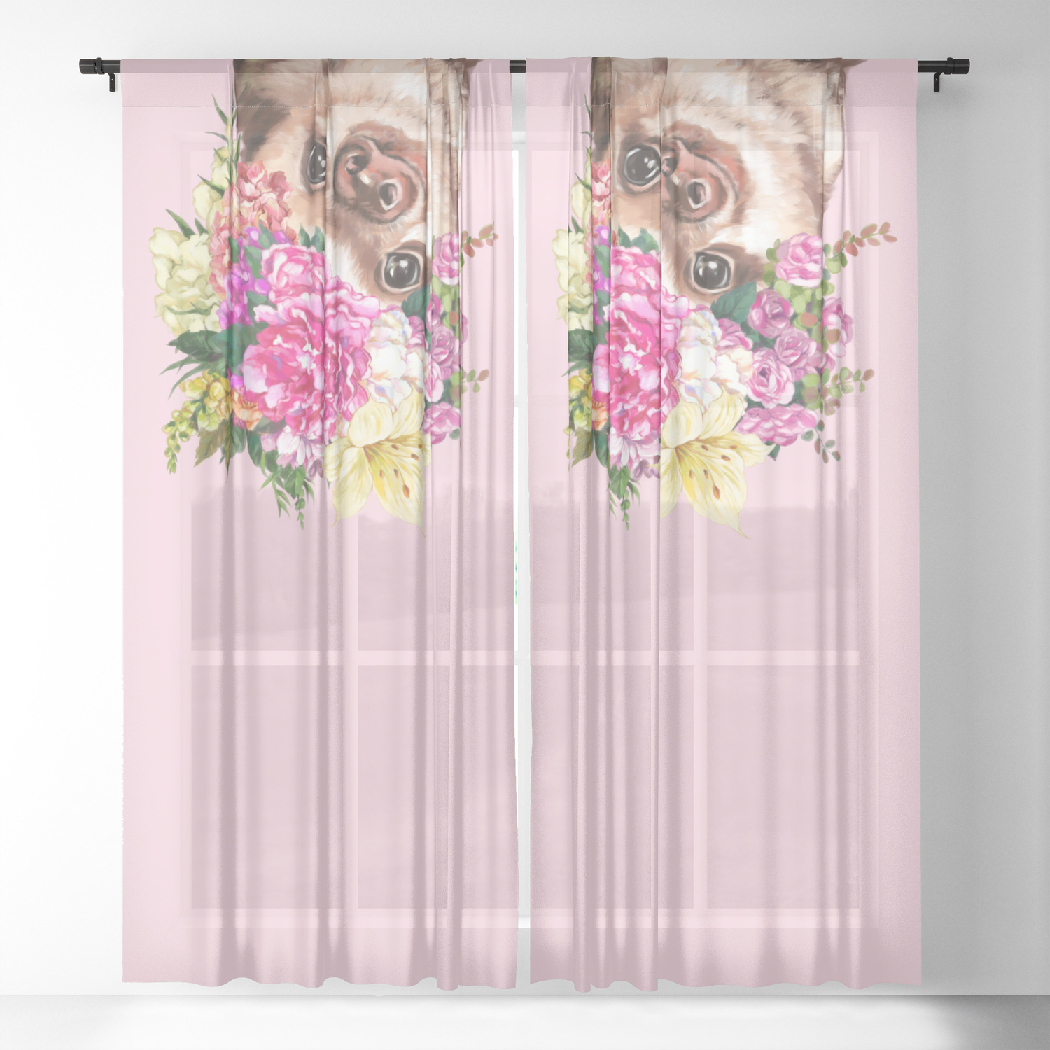Flower Crown Baby Sloth In Pink Sheer Curtain By Big Nose Work Society6