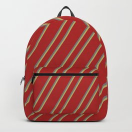 [ Thumbnail: Red, Gray, and Dark Khaki Colored Striped Pattern Backpack ]