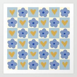 Blue floral checkerboard Art Print