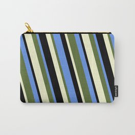 [ Thumbnail: Cornflower Blue, Dark Olive Green, Light Yellow, and Black Colored Lines/Stripes Pattern Carry-All Pouch ]